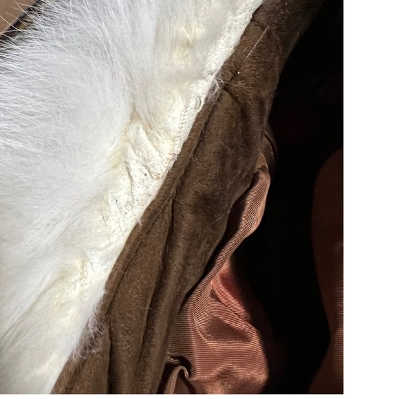 Vintage Brown Suede Trench Coat With White Fur Collar Belted 70s Penny Lane M - Picture 11 of 12